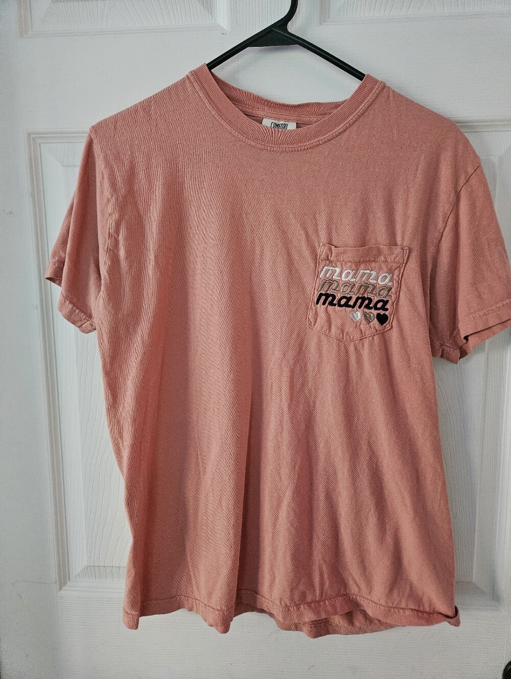 Comfort Colors Coral Pocket Tee with Mama Embroidery